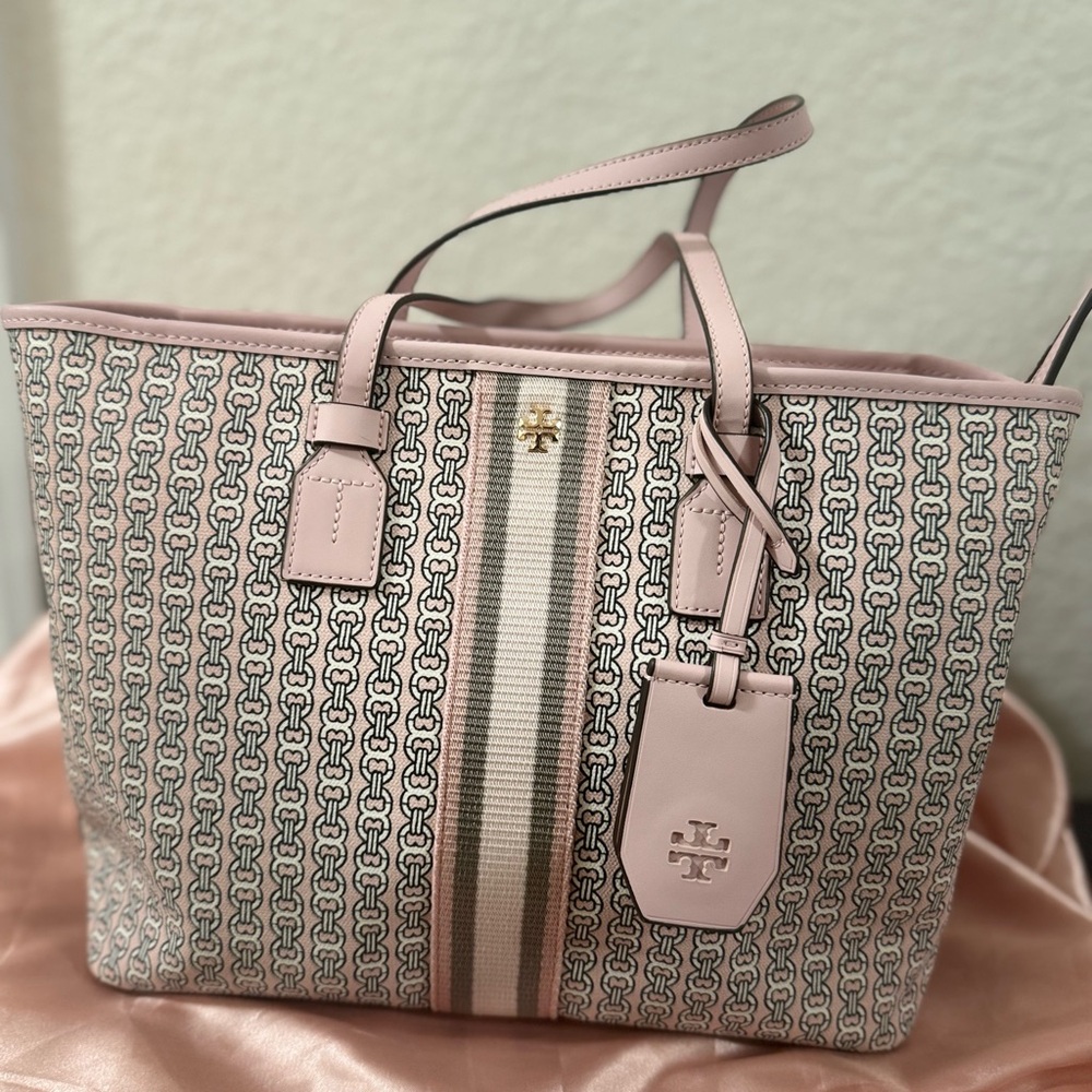 Tory Burch Pink Patterned Tote Handbag with Stripe Accent and cross body strap - Picture 3 of 13